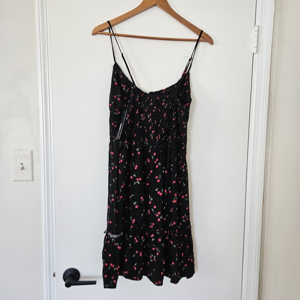 Y2K Cherry Print Dress XL Babydoll Retro Pin-up Smocked Rockabilly Coquette 90s